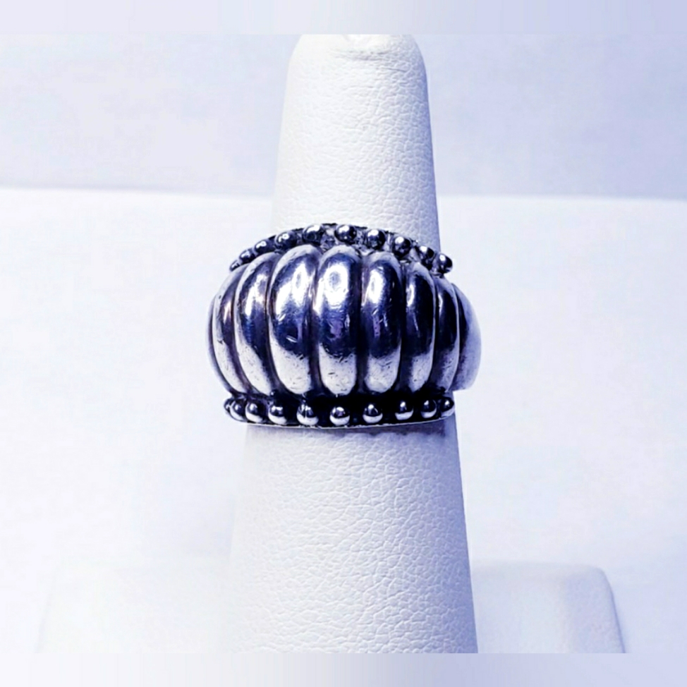 Ribbed Beaded Dome Style Sterling Silver Ring Size 6